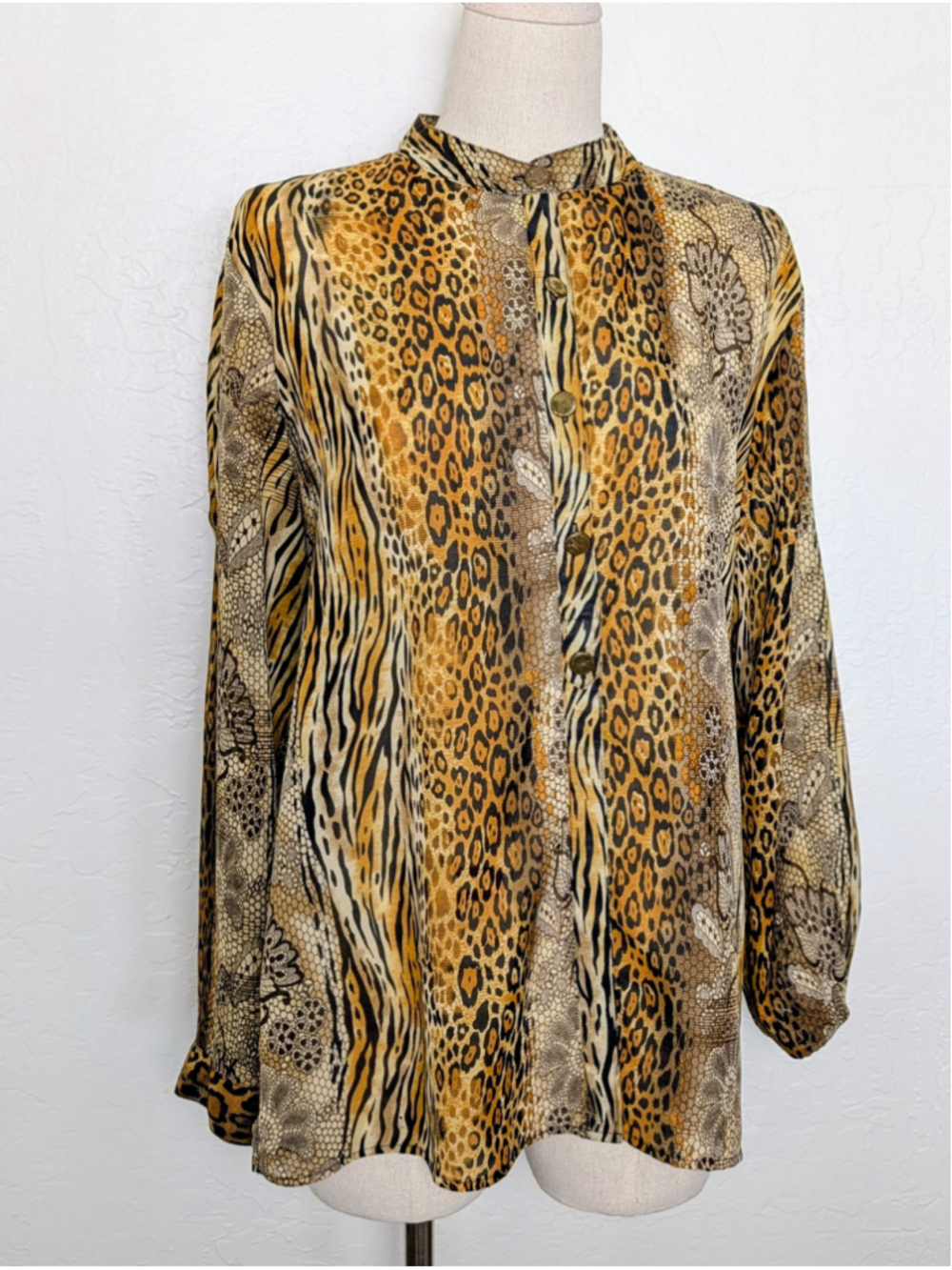 Animal Print Sheer Blouse Leopard Zebra Snake Mixed Print Button Front Top Boho